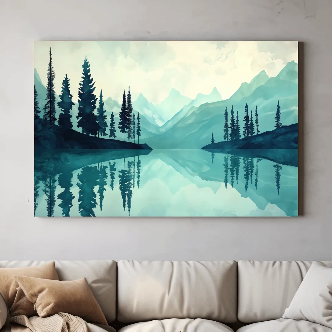 Watercolor painting wall art, view over a treelined alpine lake