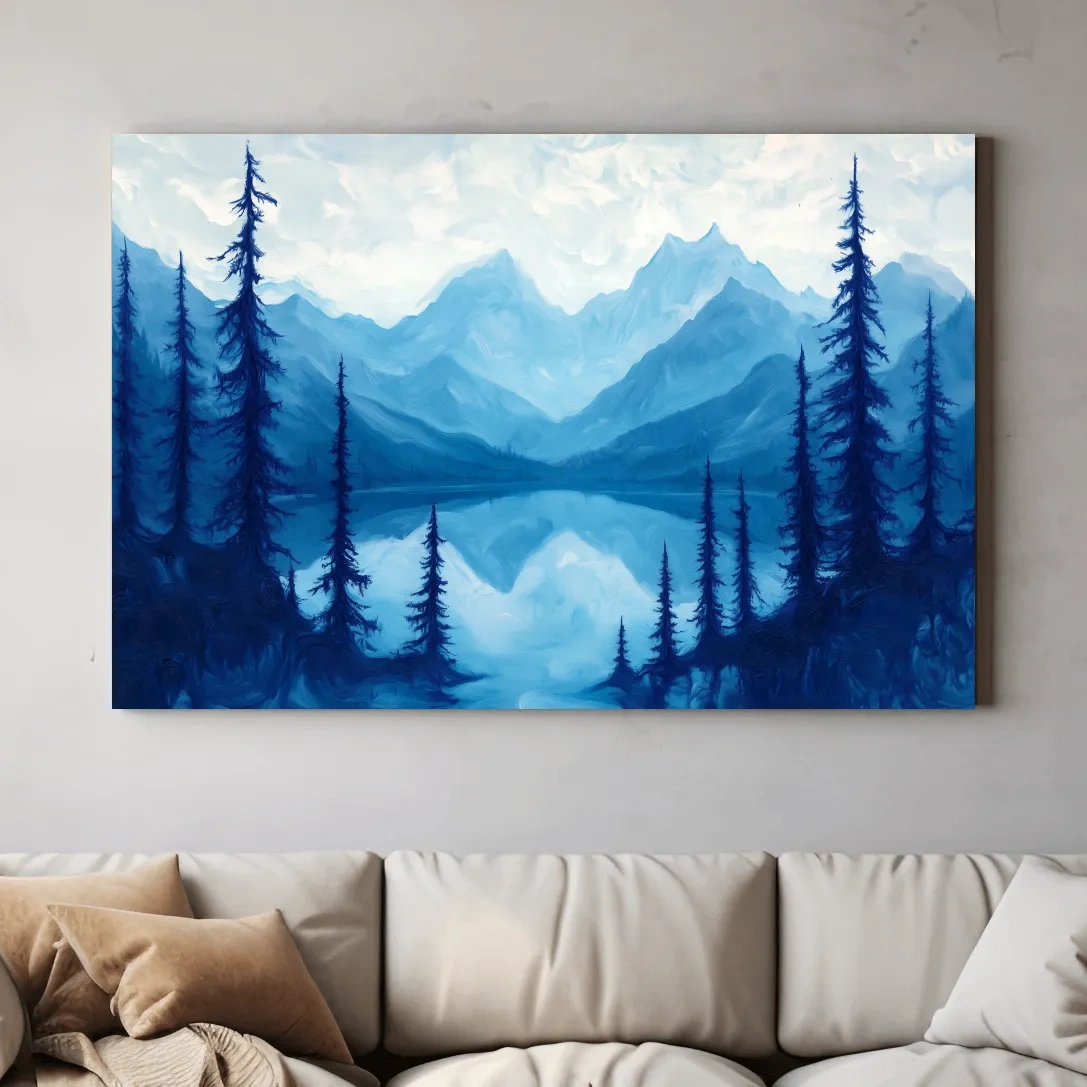 Serene Blue Mountain Lake Oil Painting - Alpine Forest Landscape Artwork