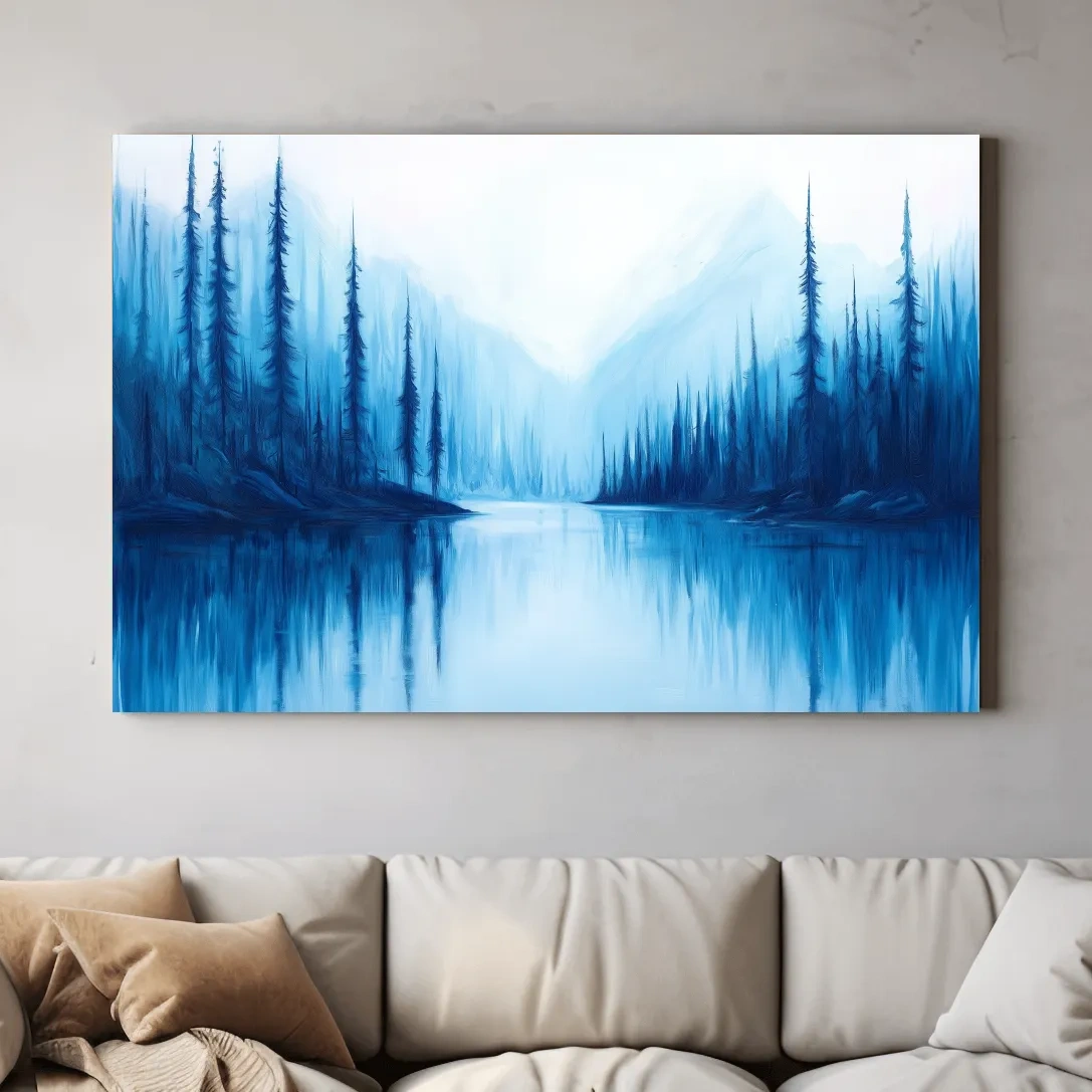 Misty Blue Alpine Lake & Pine Forest - Impressionist Landscape Painting Artwork