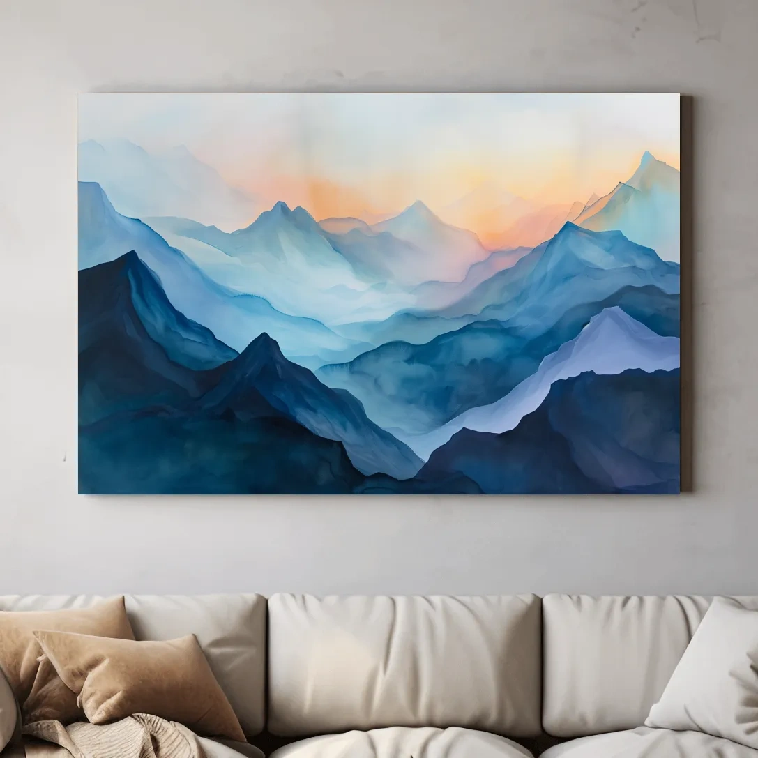 Abstract mountain painting, colourful mountain ranges at sunrise