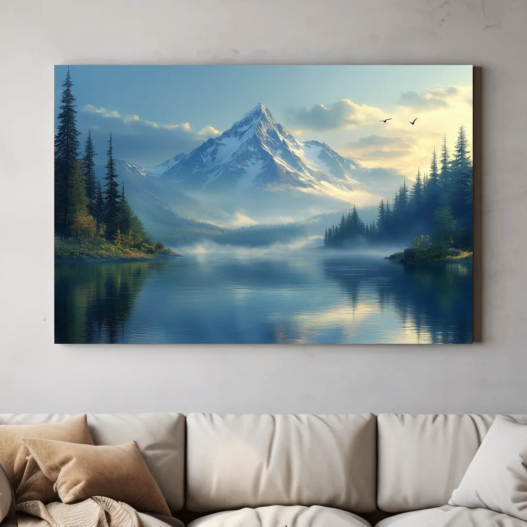Beautiful misty alpine lake and forest beneath a glacier at sunset, photographic wall art