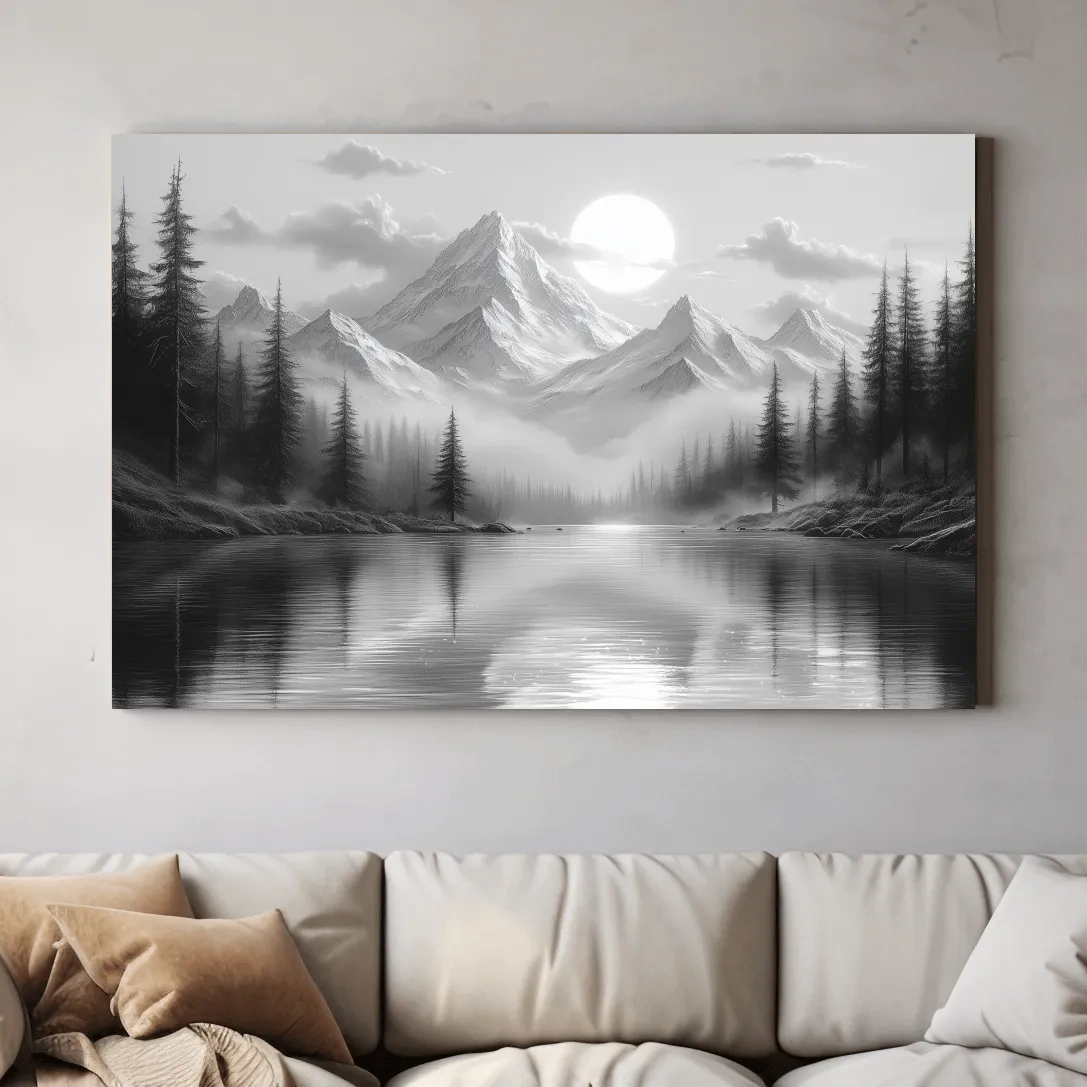 Monochrome Misty Alpine Lake Landscape - Mountain Forest Wall Art