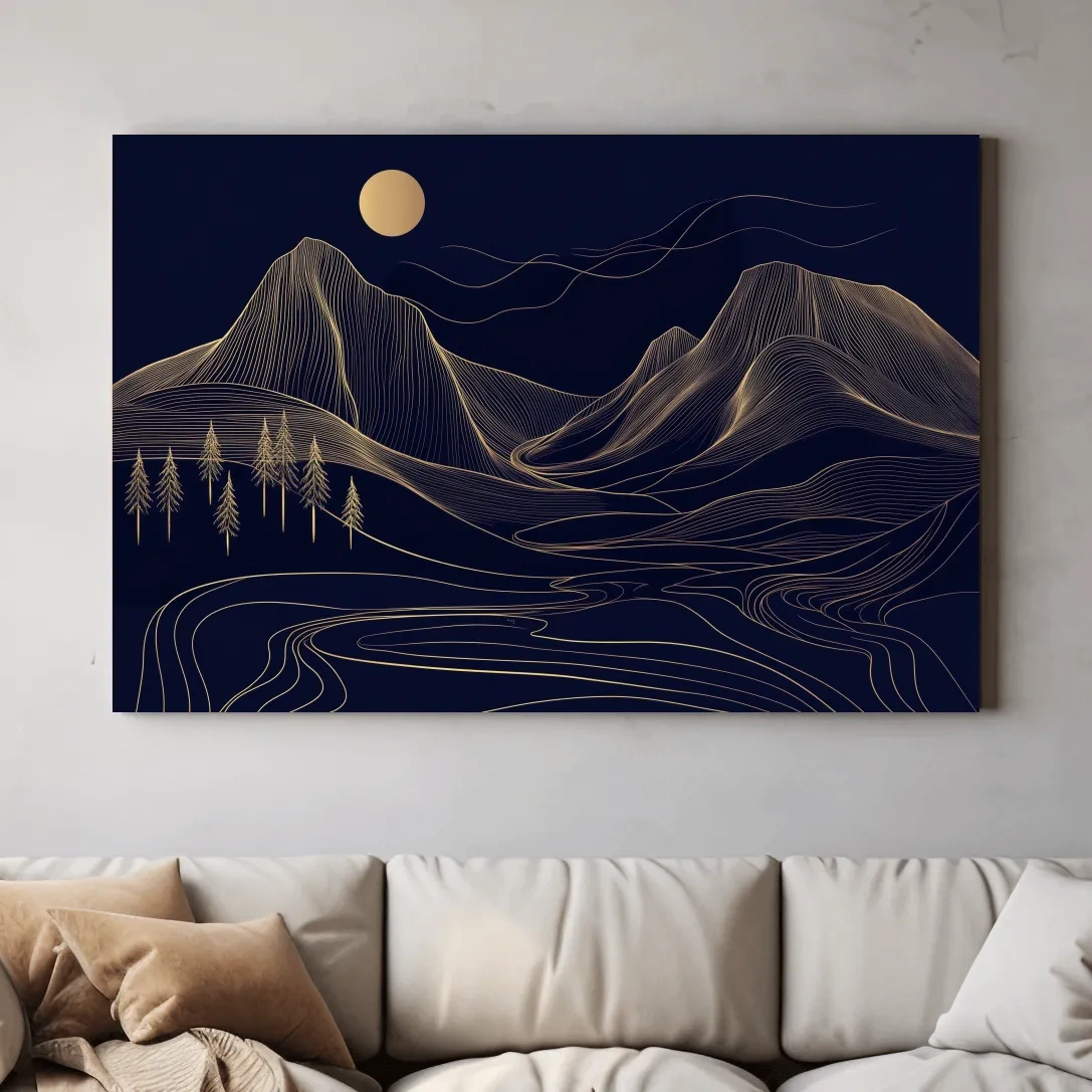 Elegant mountain wall art, gold contour line artwork style