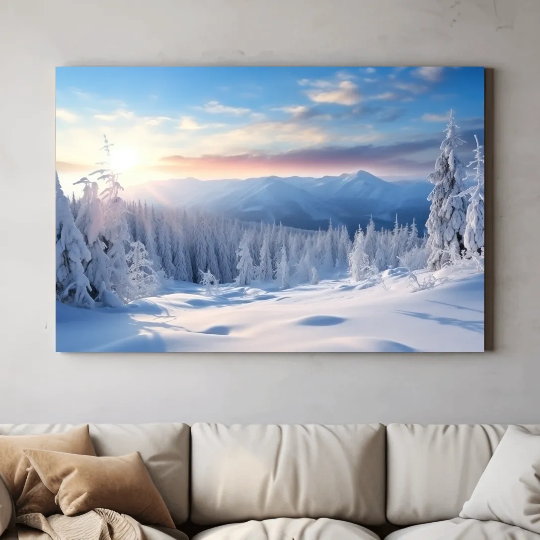 Serene Winter Mountain Sunrise Artwork - Snowy Pine Forest Photographic Wall Art