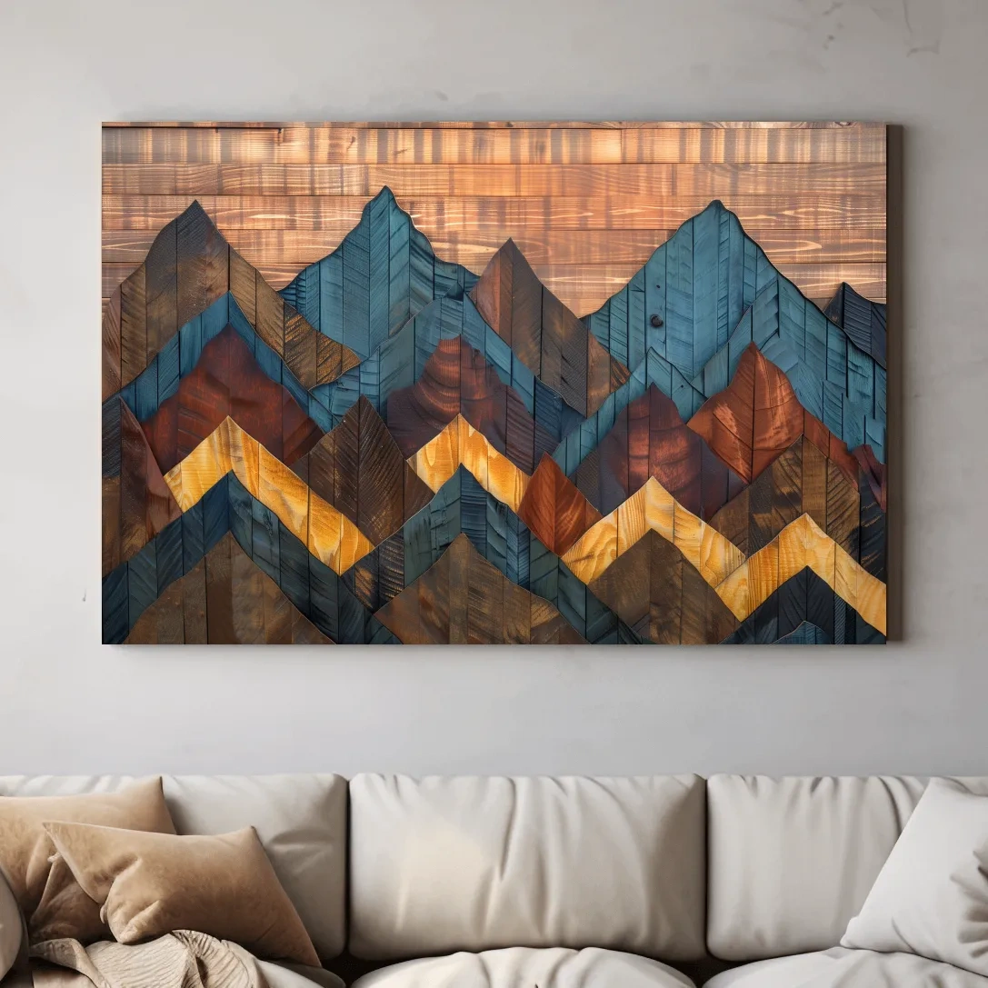 Rustic mountain wall art, 3D layered wood panel effect