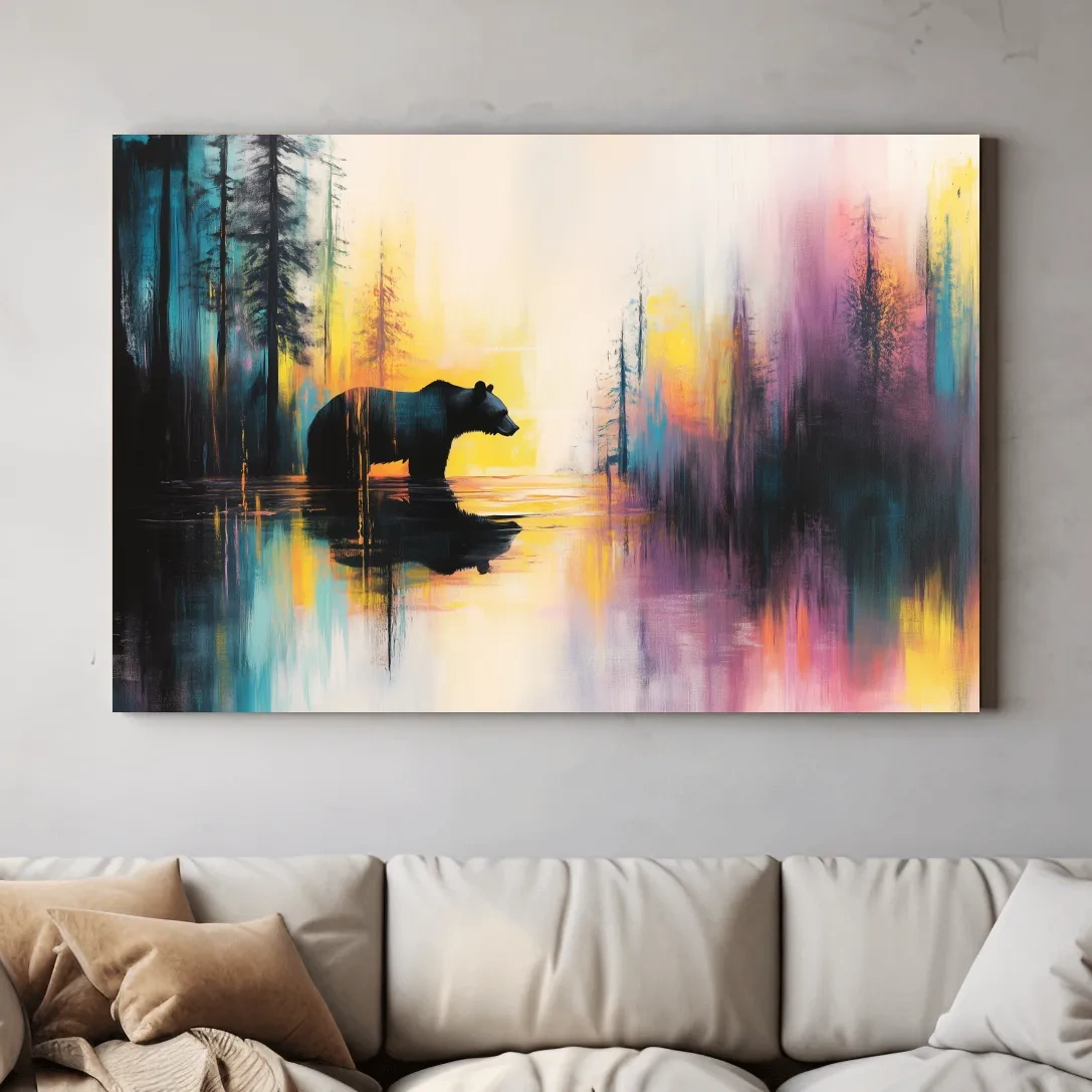 Grizzly bear in a river painting, colorful abstract wall art