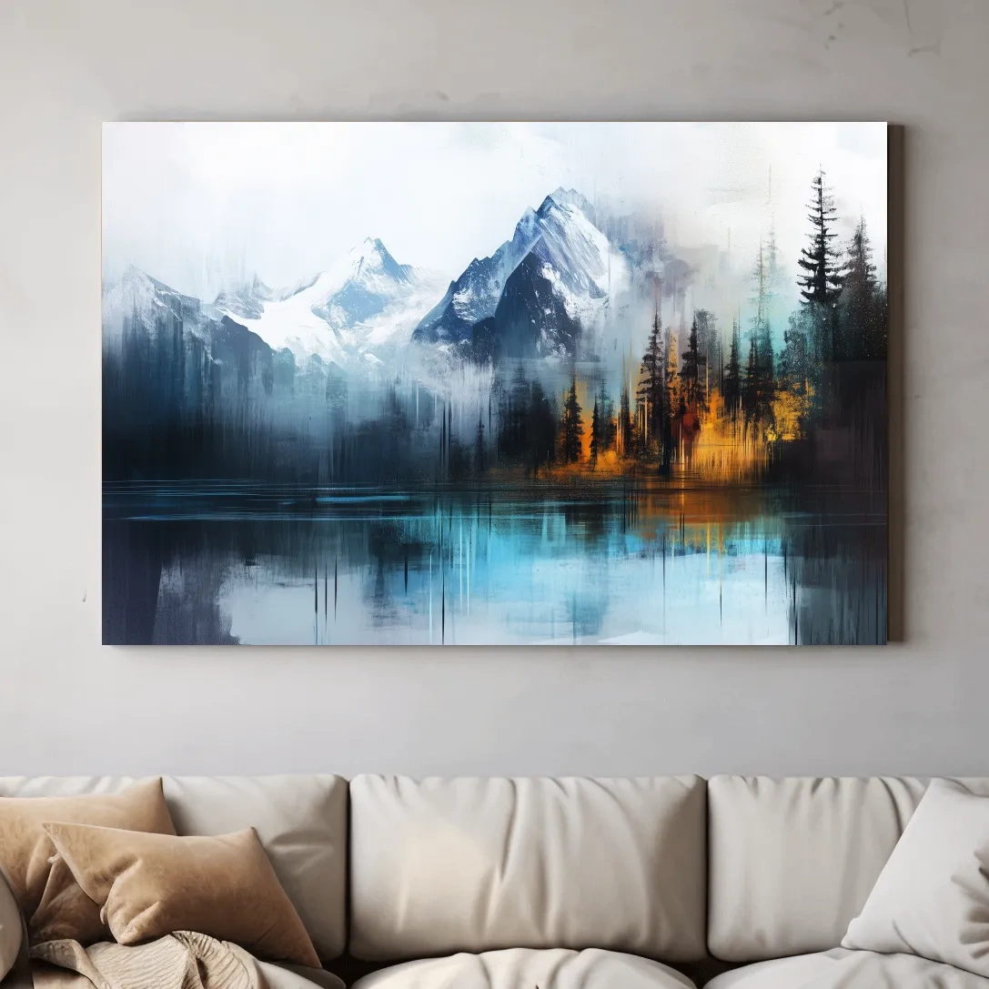 Abstract mountain painting wall art, glacier, lake and forest