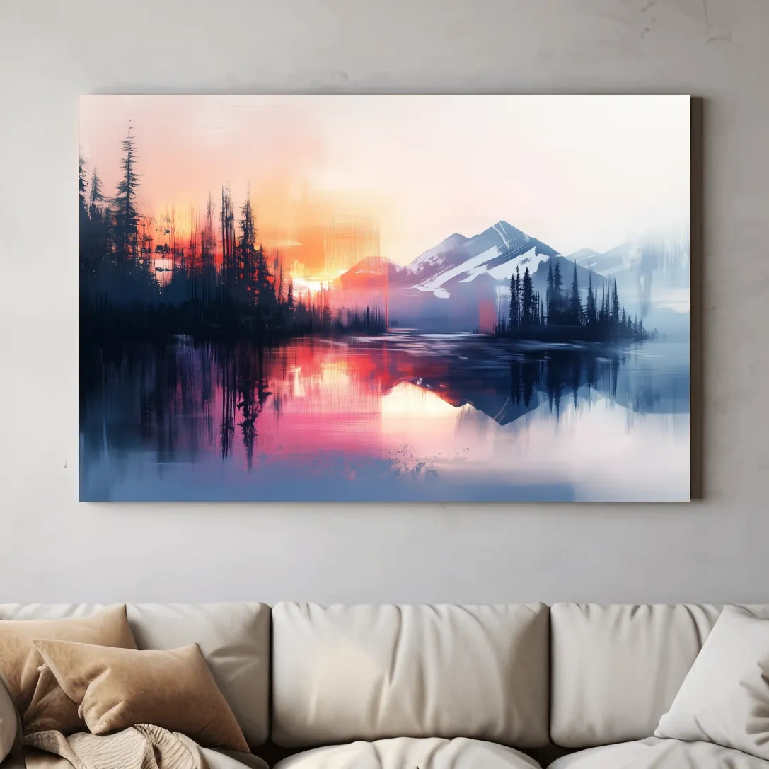 Textured painting wall art, sunset over alpine mountains, lake and forest
