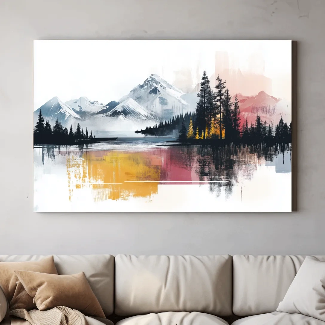 Abstract Misty Mountain Lake Painting - Modern Watercolor Pine Forest Art
