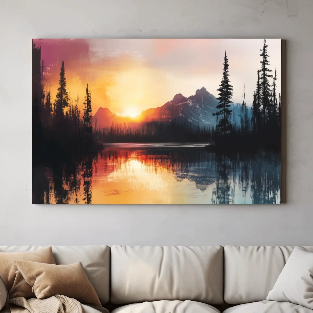 Abstract mountain art painting, sunset over a lake and forest