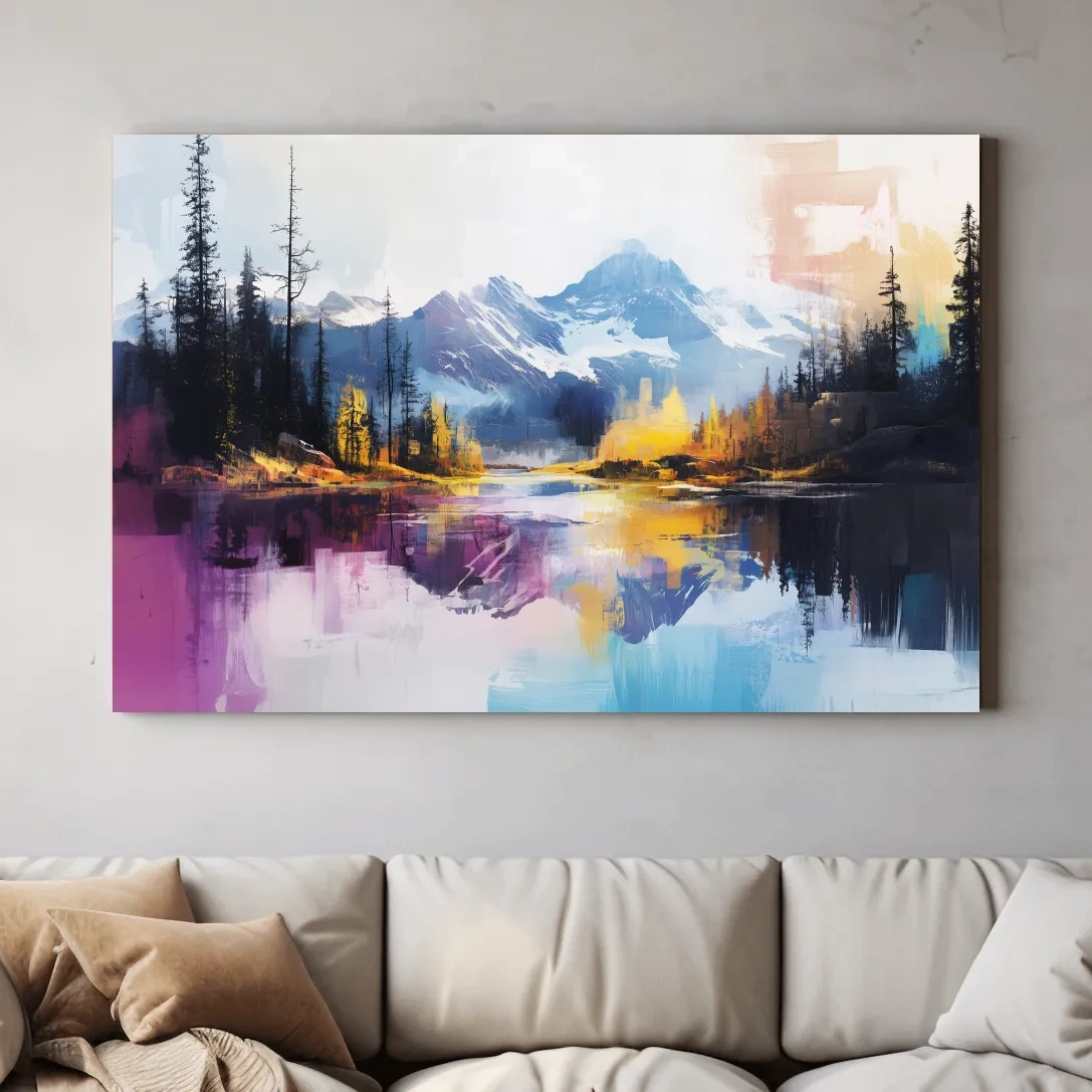 Vibrant Abstract Mountain Lake Reflection Painting - Colorful Modern Landscape Wall Art