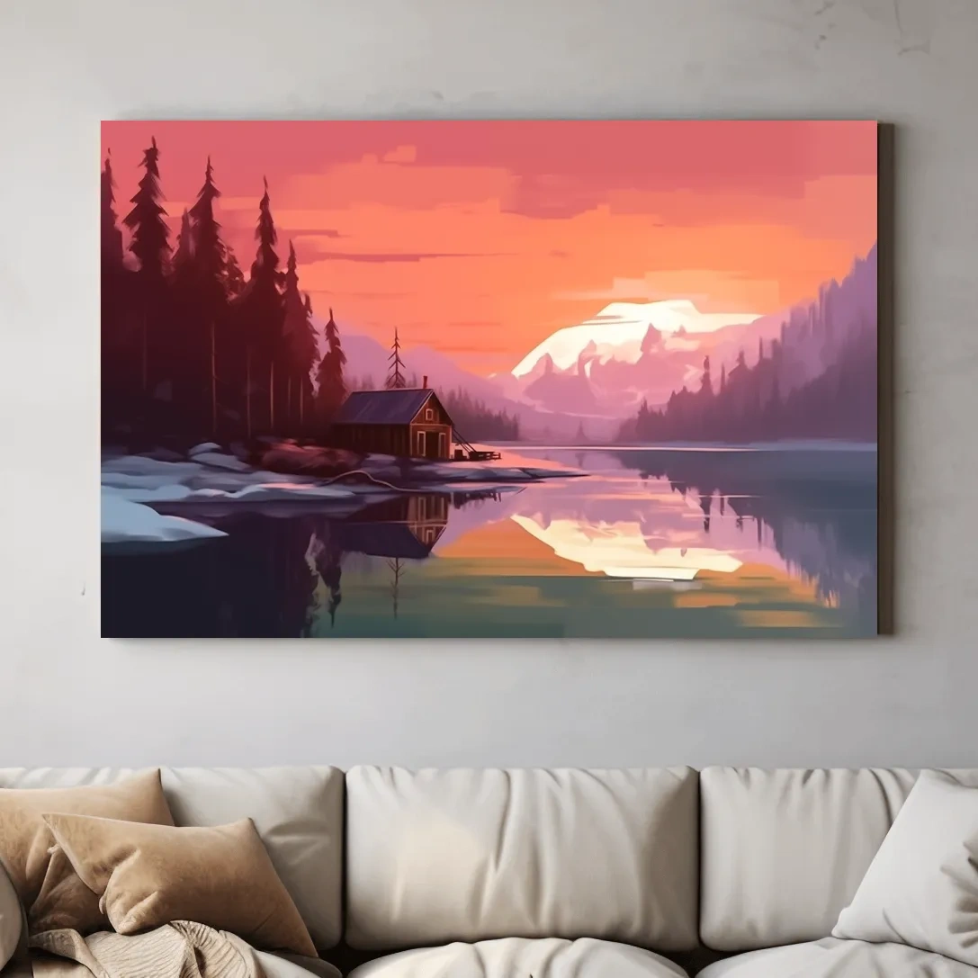 Sunset Mountain Lake Cabin Painting - Serene Alpine Landscape Wall Art