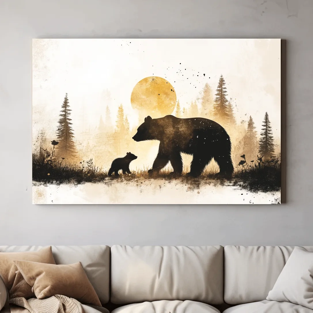 Momma bear and her cub in the forest, textured illustration wall artwork