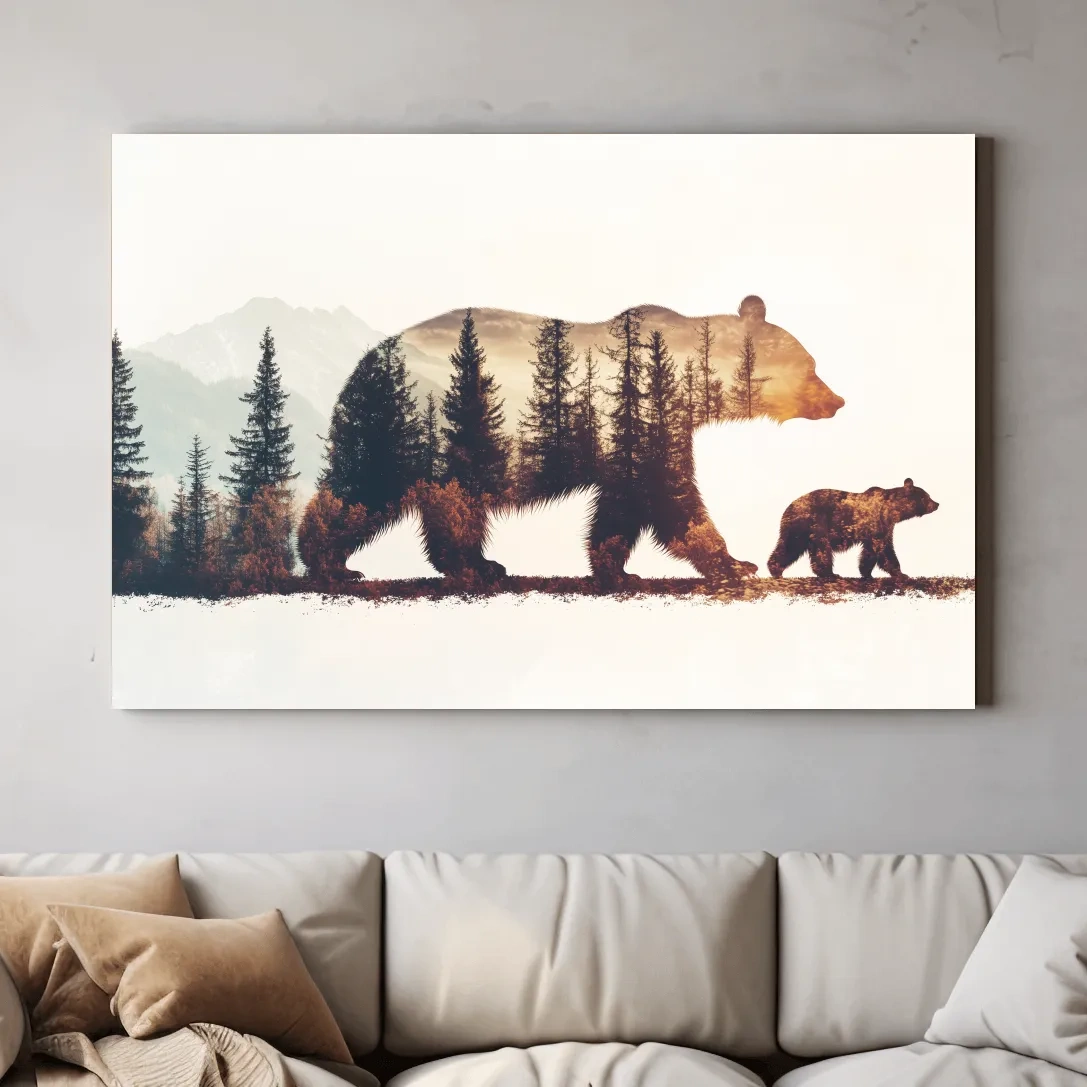 Double exposure forest wall art, momma bear and her cub