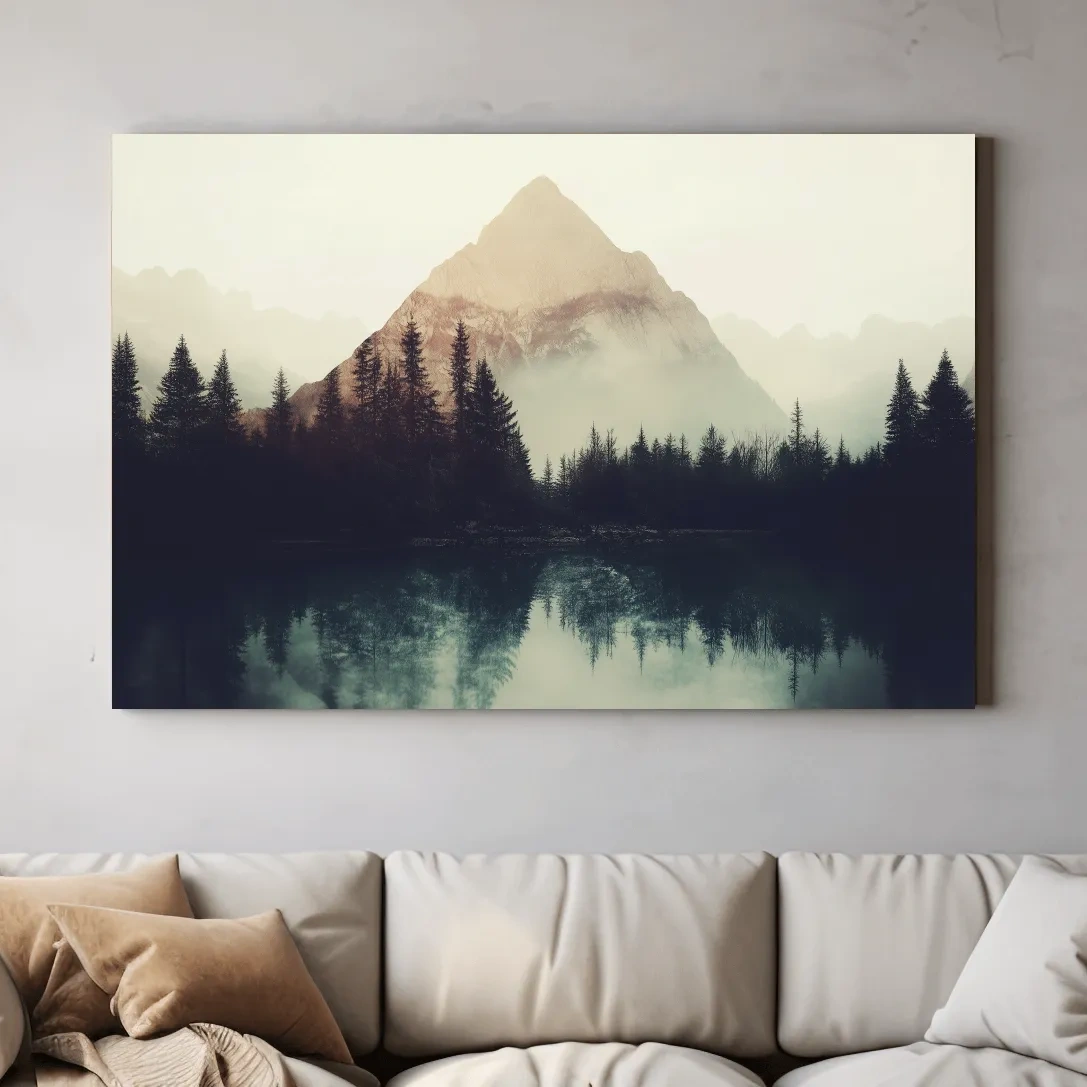 Misty Pine Forest Silhouette Lake Reflection - Moody Mountain Wall Art
