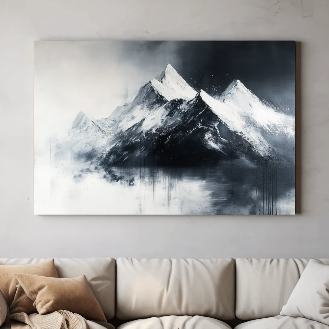 Moody Monochrome Snowcapped Mountain Peaks Painting - Modern Minimalist Wall Art