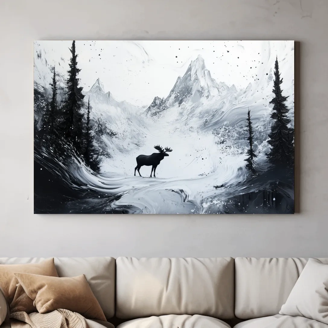 Moose in the alpine meadows, abstract black & white painting
