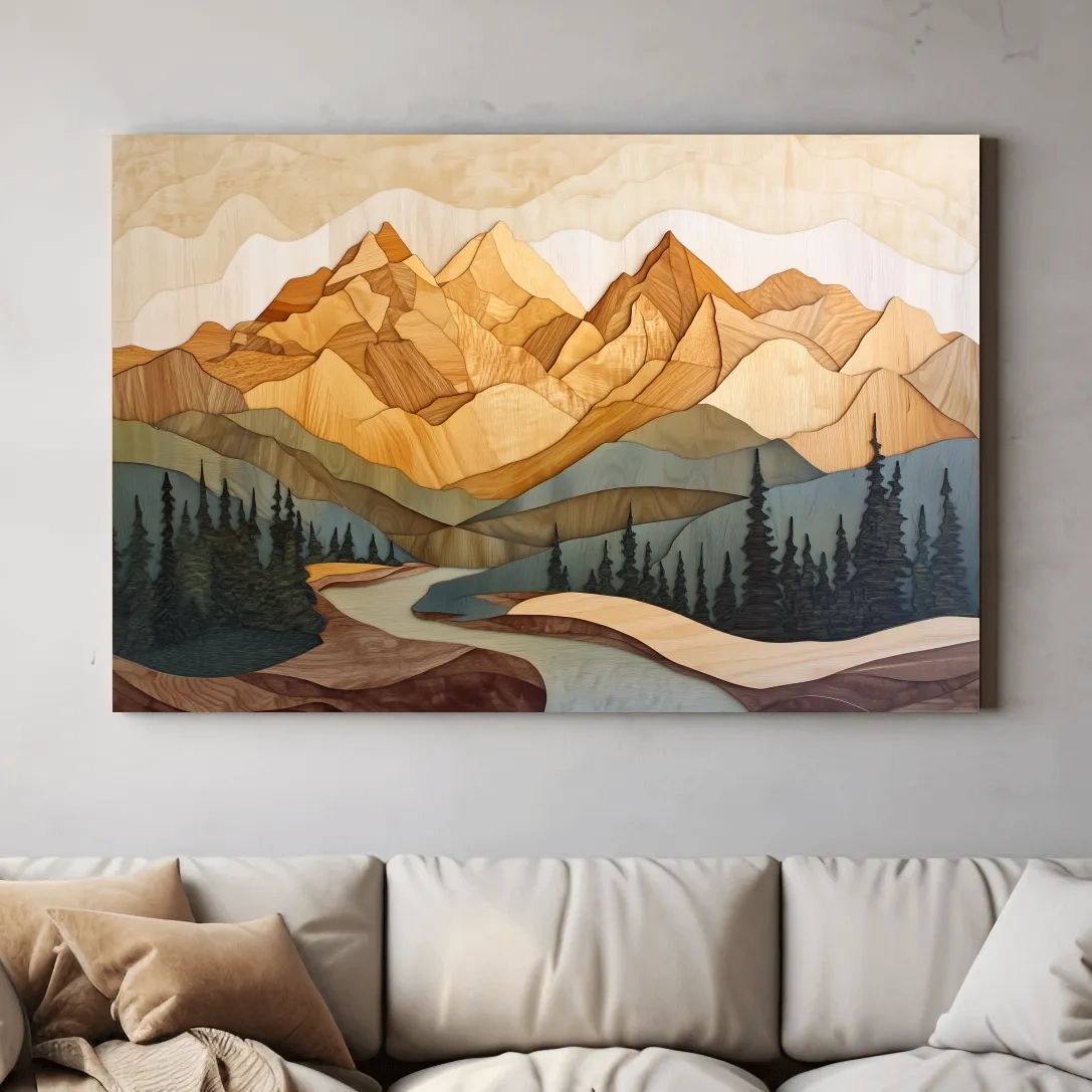 Alpine forest mountain artwork, 3d layered wood intarsia style art