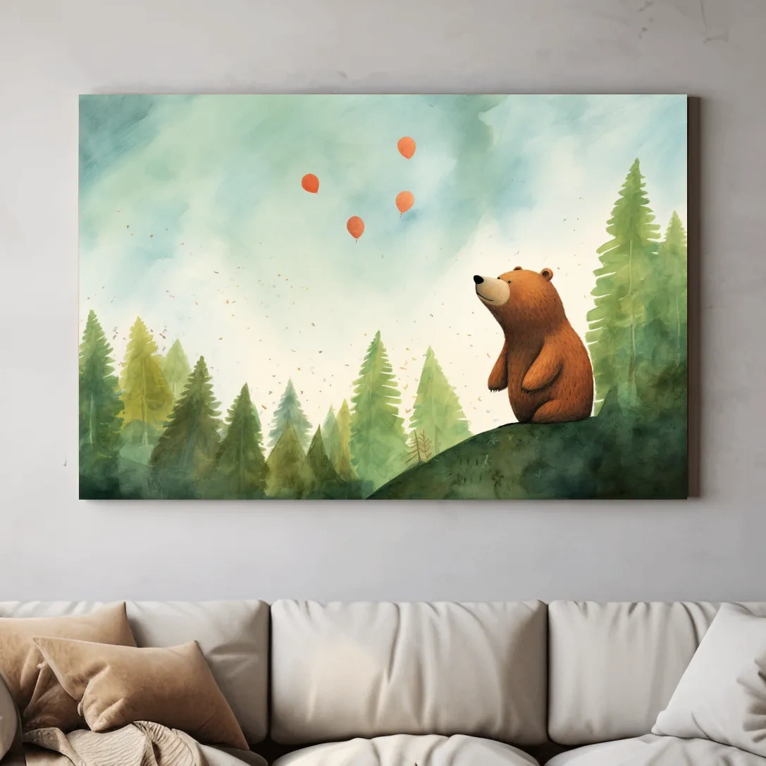 Illustration of a cute happy bear gazing into the sky, nursery wall art
