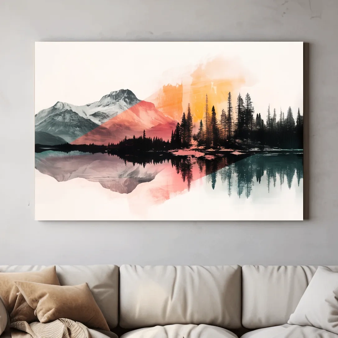 Modern abstract mountain wall artwork painting, glacial lake and forest, vibrant textured style