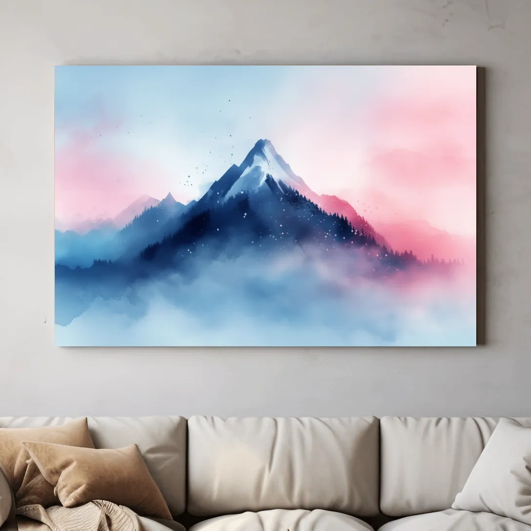 Dreamy mountain painting artwork, glacial peaks above the clouds in pastel hues