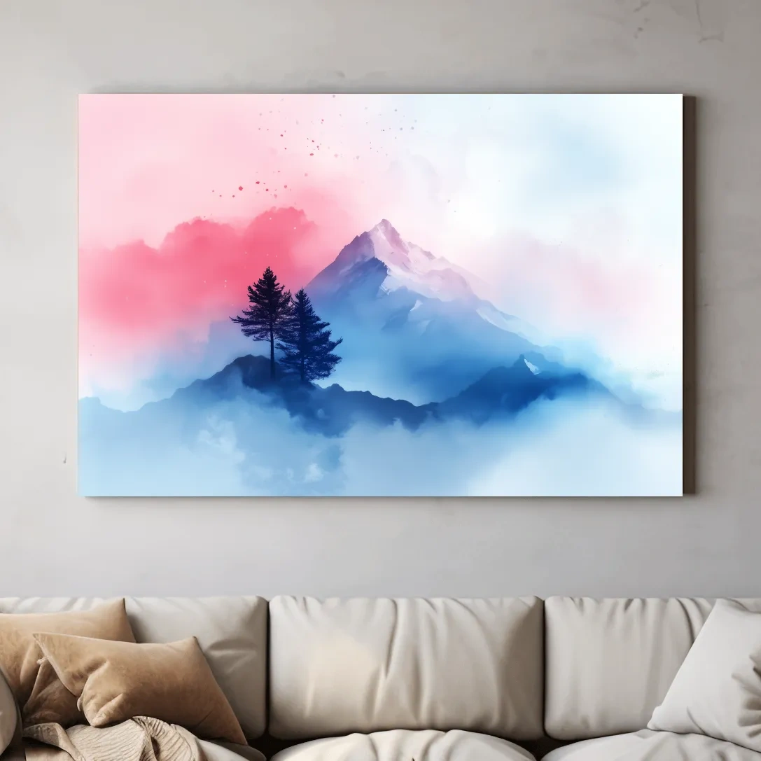 Serene mountain art painting, snowy glacier peaks, alpine trees and pastel clouds