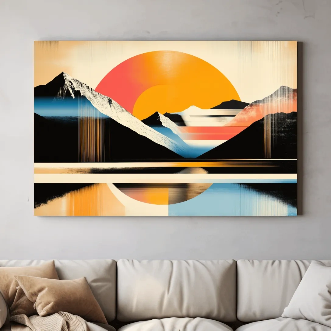 Abstract alpine mountain wall art, bold retro geometric landscape with vibrant colors