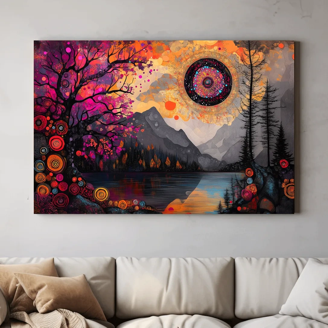 Trippy and surreal abstract mountain landscape at sunset, intricate textured patterns, vibrant colors, cosmic style