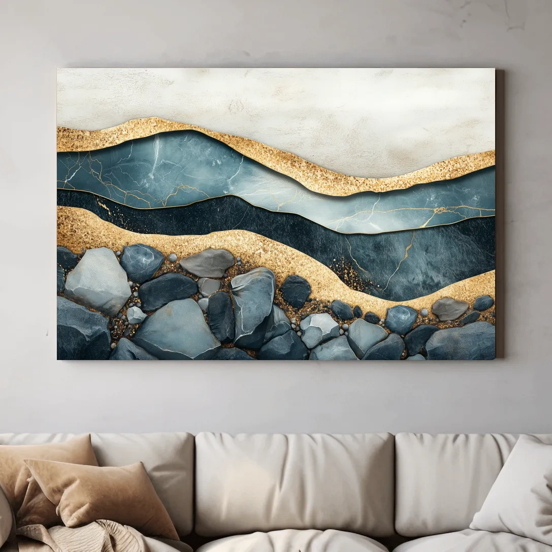 Elegant riverbed sand and rock artwork, modern textured wall art with natural sediment layers