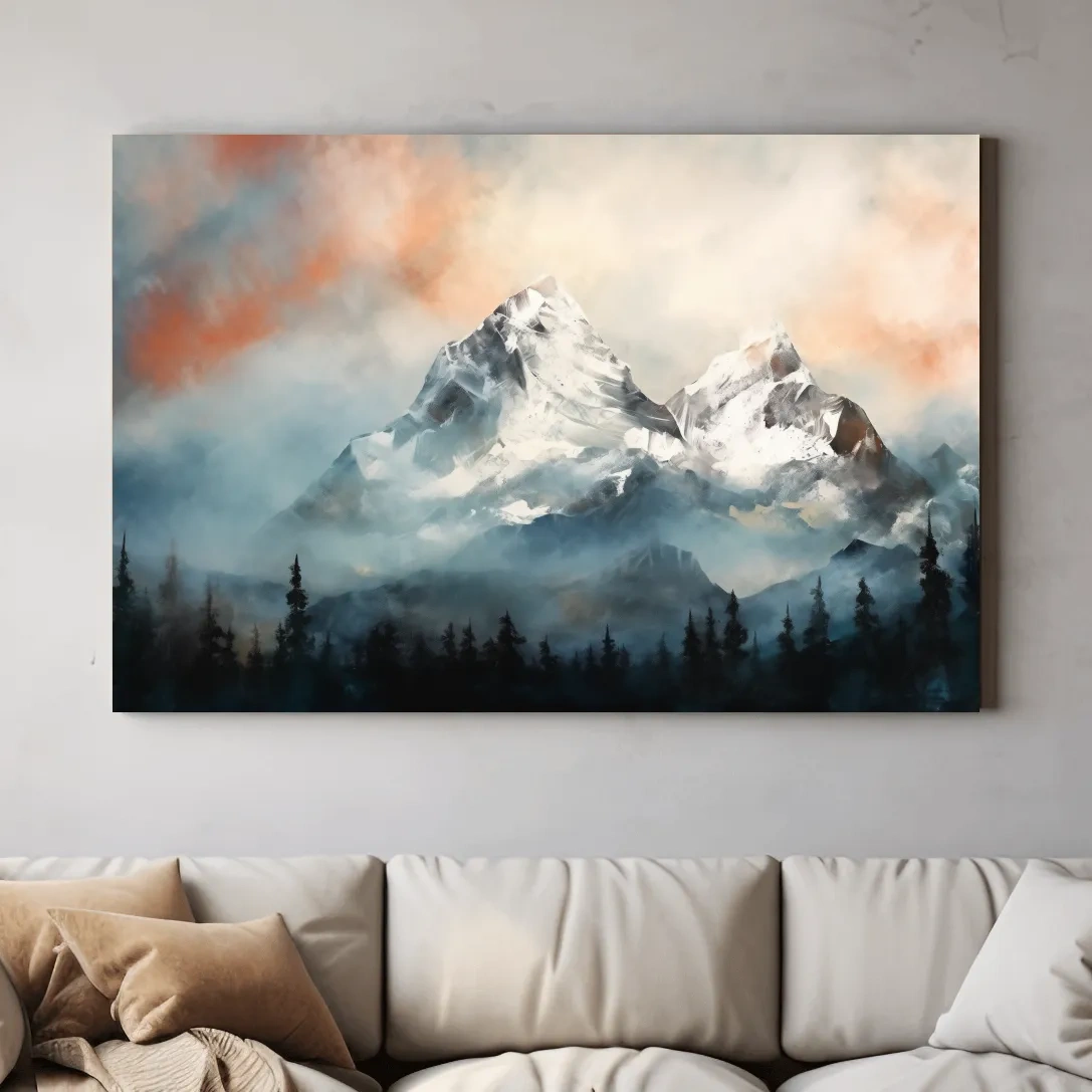 Impressionist mountain painting, sunset glacier in the mist