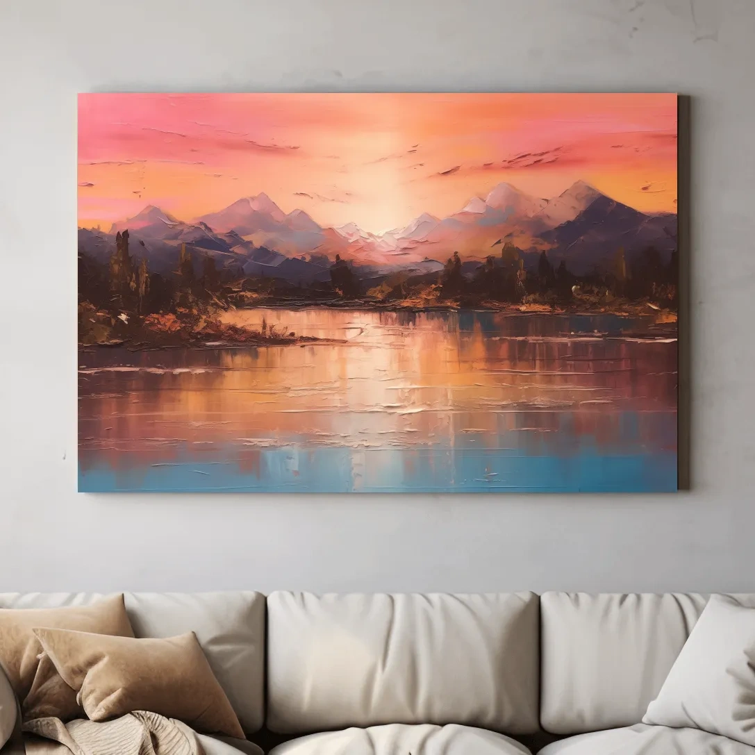 Sunset mountain lakeside painting, textured effect oil painting wall art print
