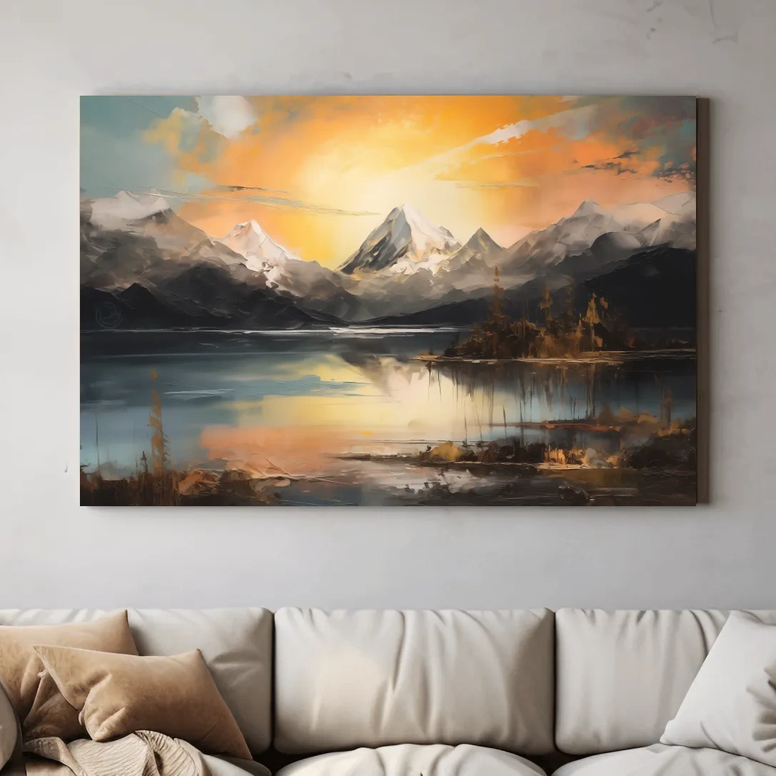 Alpine mountain sunrise over a tranquil lake, dramatic oil painting wall art