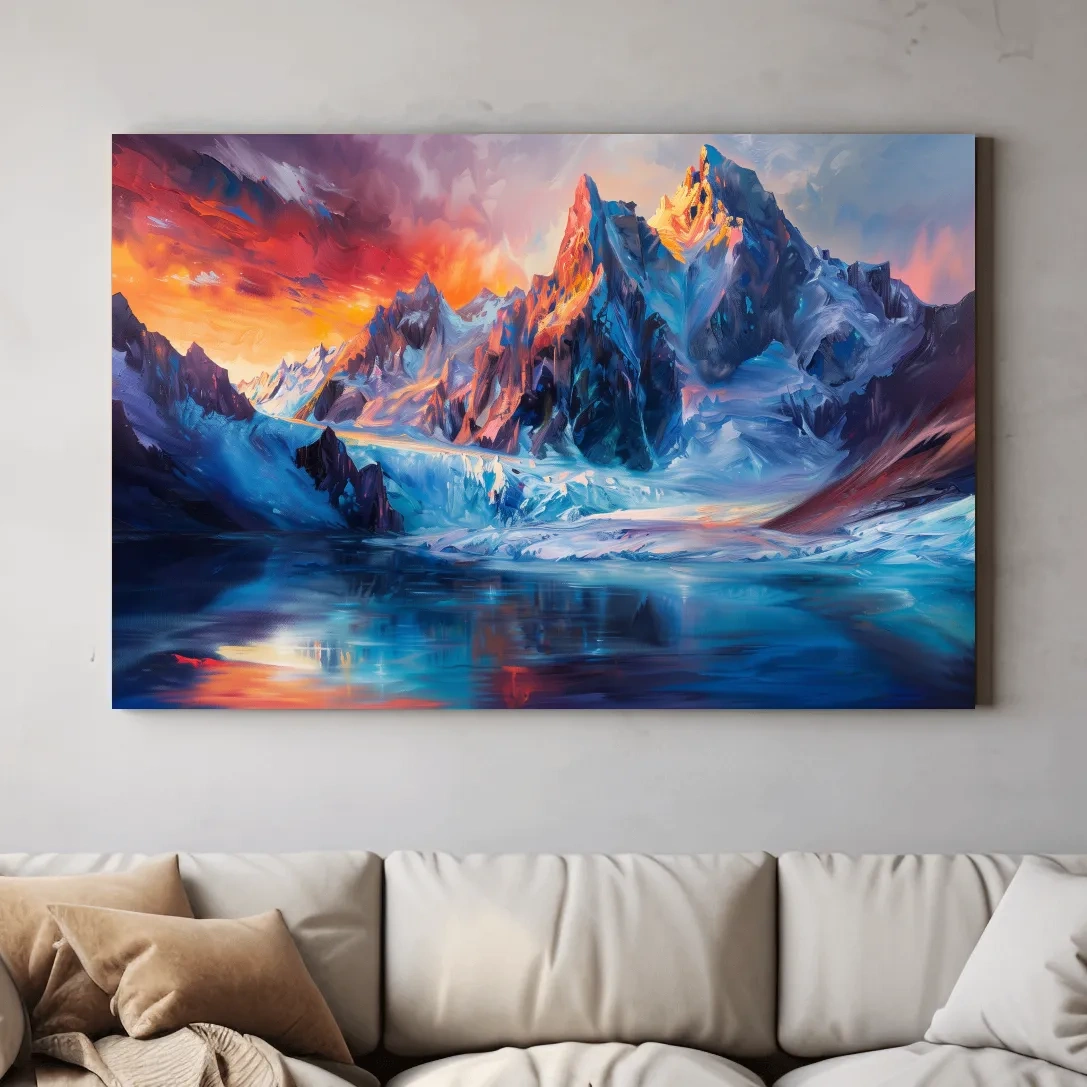 Vibrant Glacial Sunset Impressionism Painting - Dramatic Alpine Mountain Wall Art