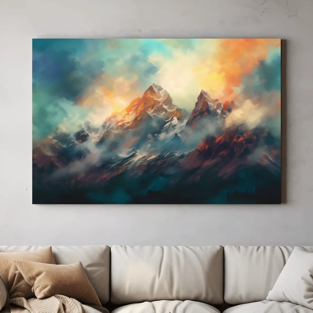 Colorful mountain sunrise artwork, peaks in the mist