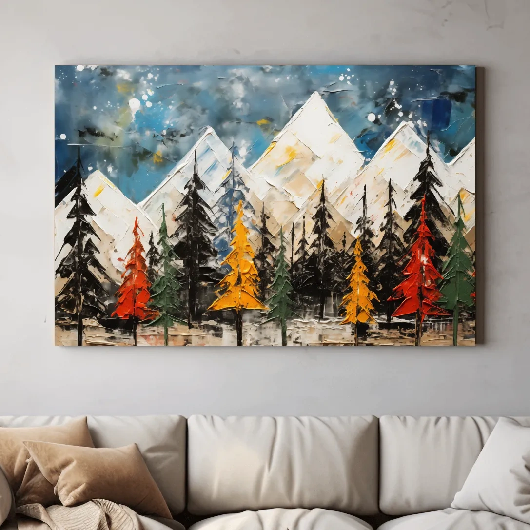 Thick abstract oil painting print, treeline by the mountains