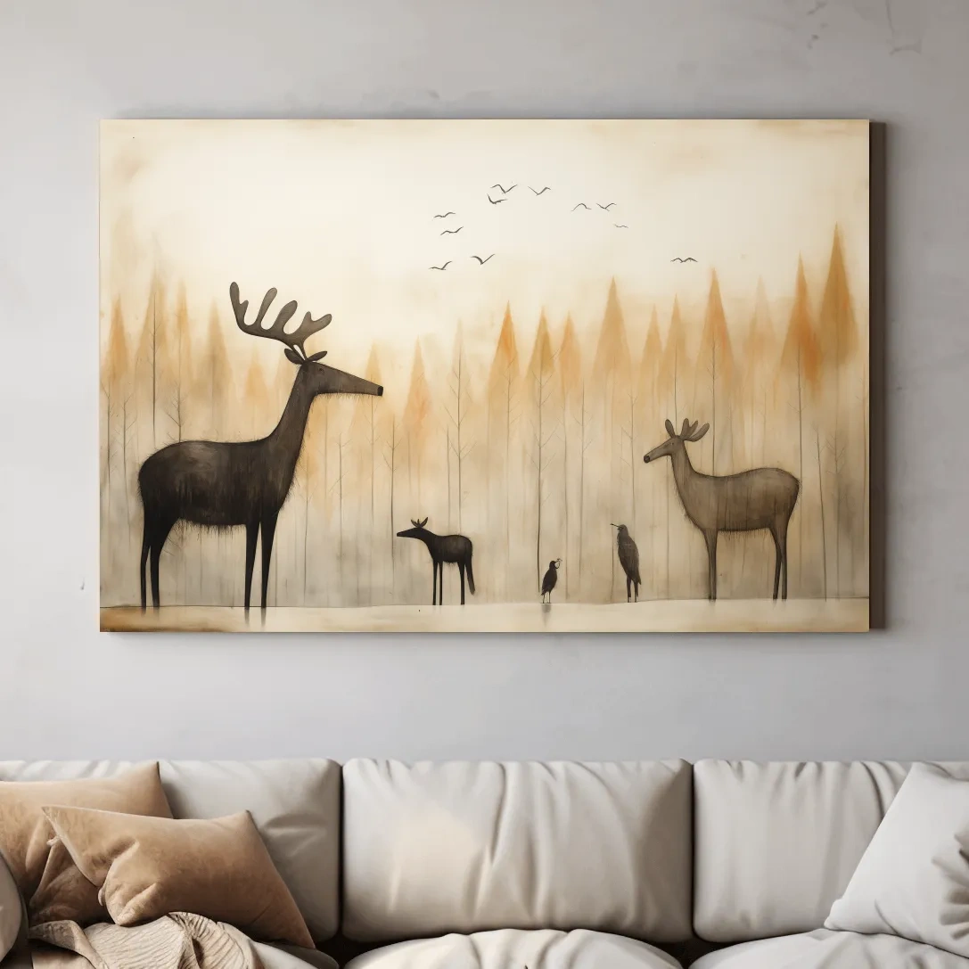 Minimalist Woodland Deer Family Illustration - Scandinavian Nursery Forest Wall Art