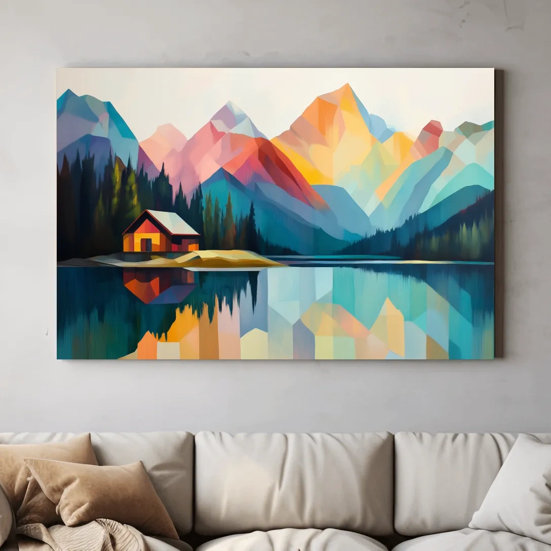 Vibrant Geometric Mountain Lake Cabin - Modern Abstract Landscape Wall Art