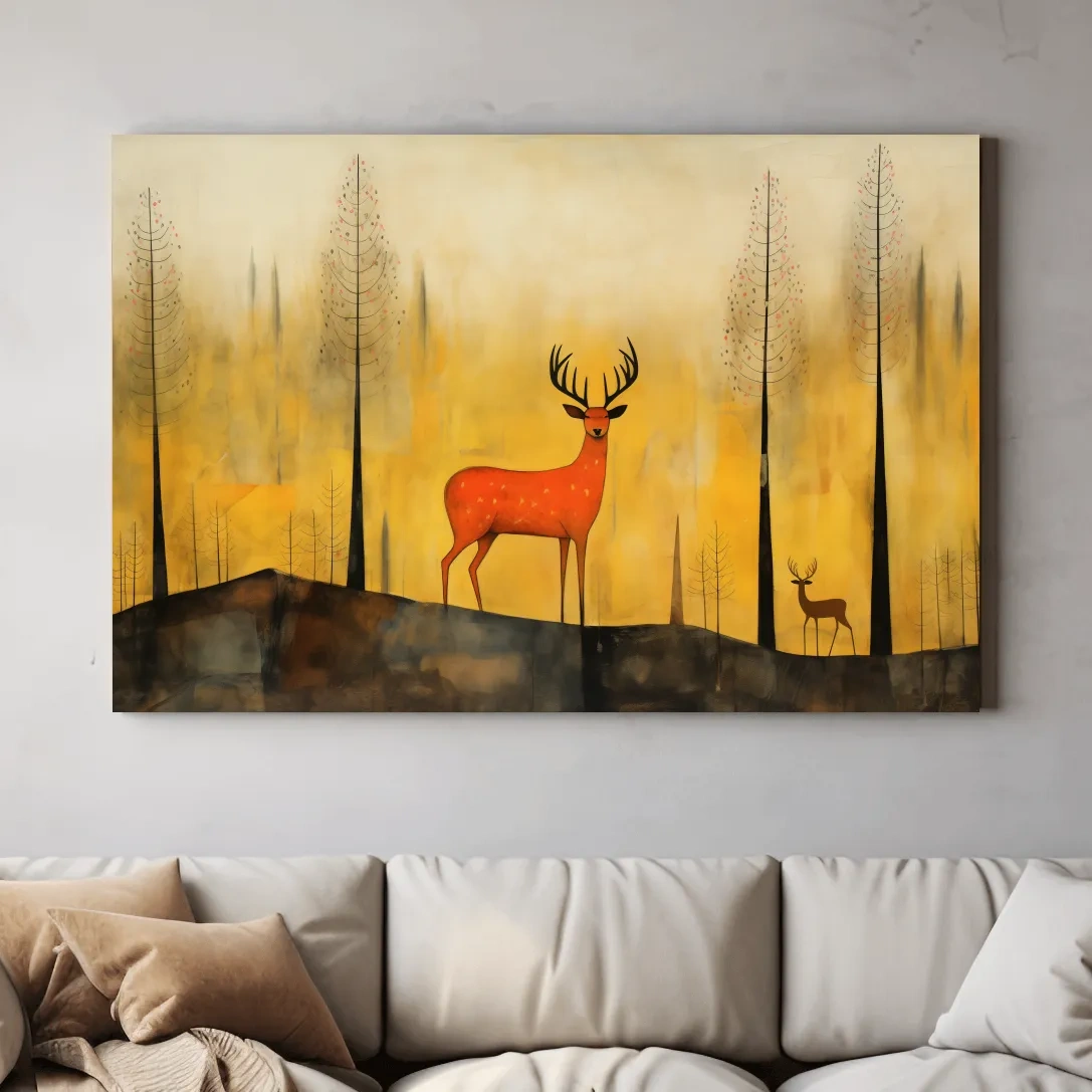 Quirky illustration art of a deer in the forest, whimsical animal artwork