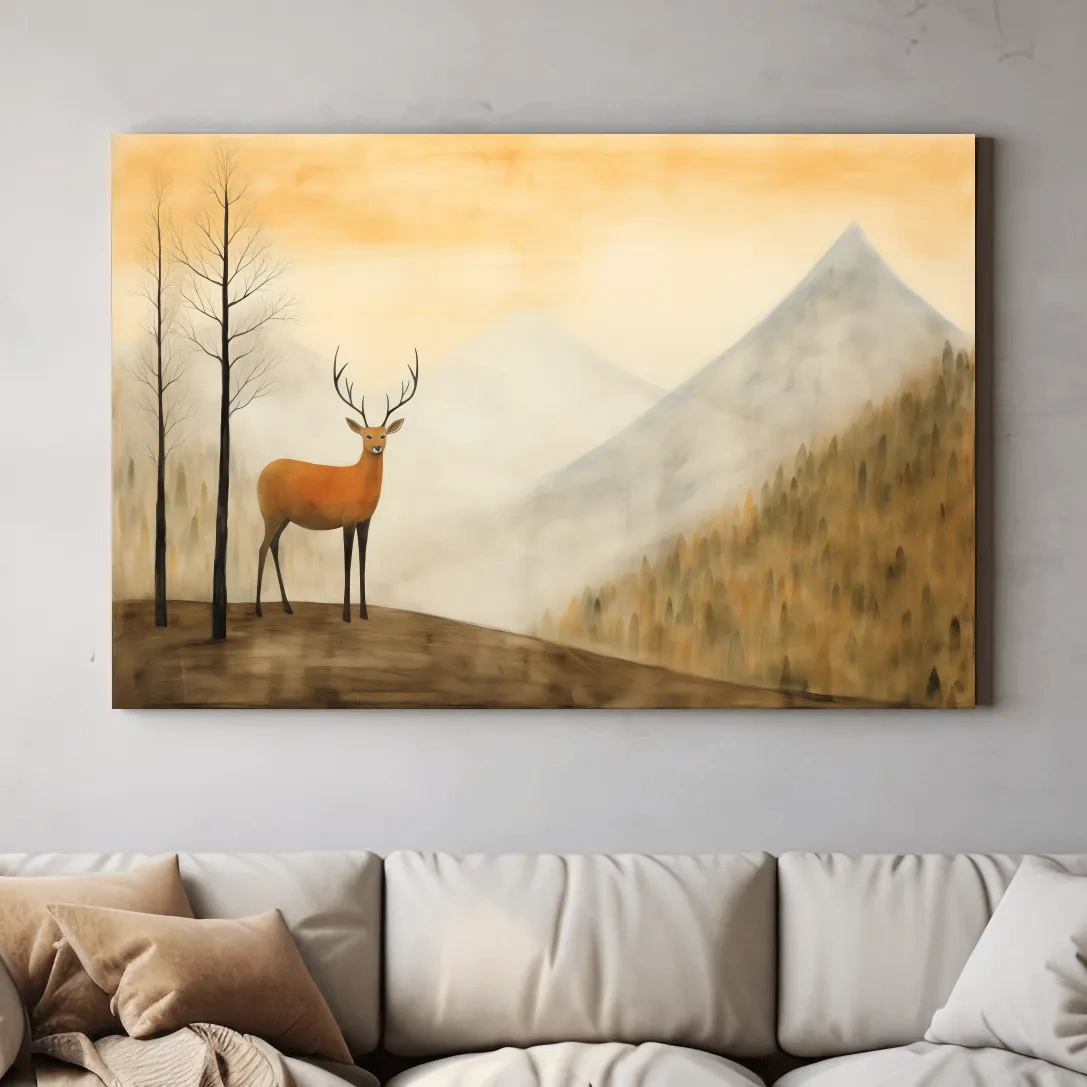 Deer standing in mountain mist, serene landscape wall artwork