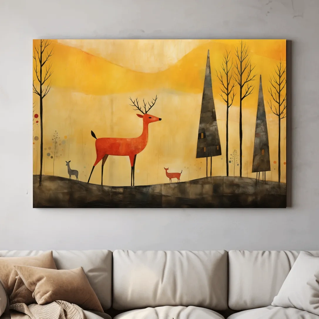 Whimsical Deer Forest Illustration - Autumn Woodland Landscape Wall Art