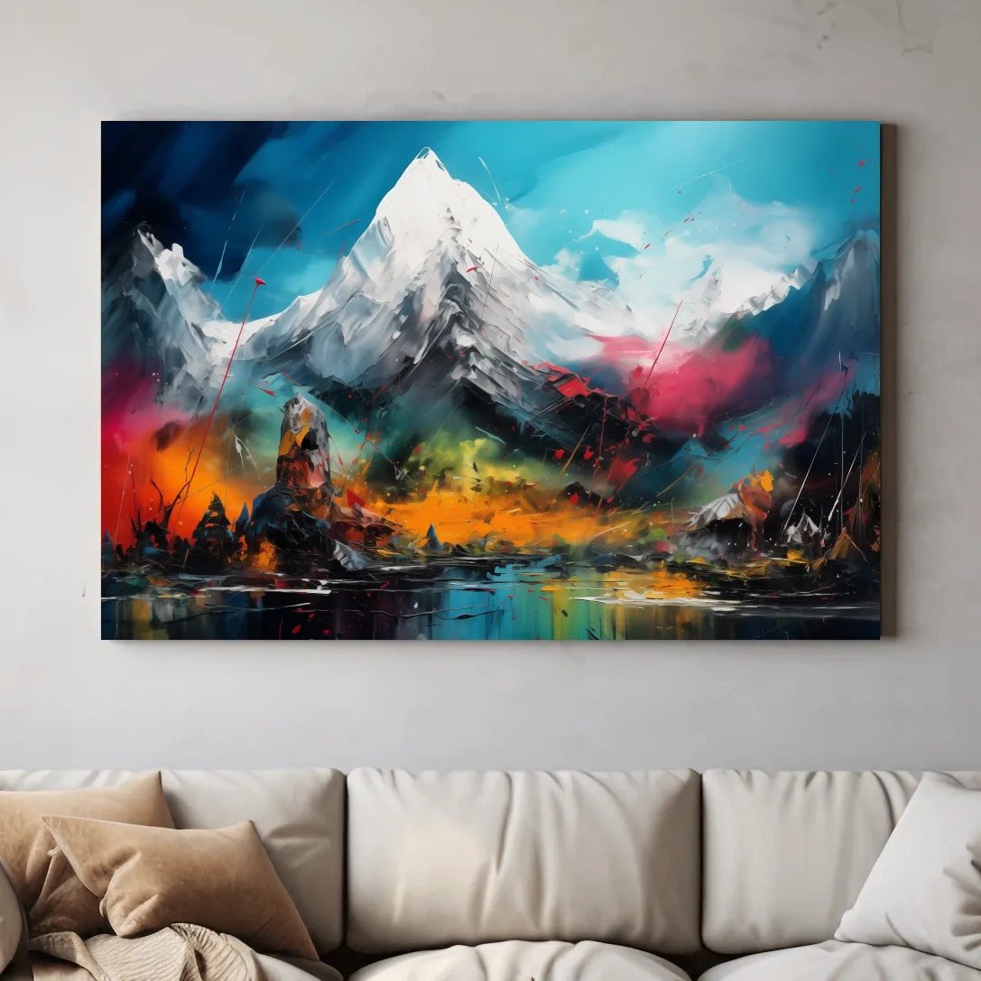 Abstract vibrant mountain wall art, impasto painting effect