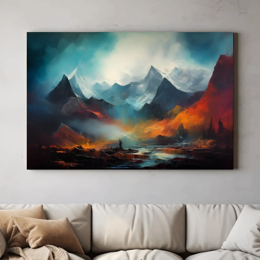 Colorful impressionist painting, abstract mountain landscape artwork