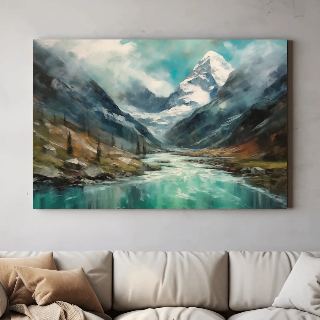 Impressionist style painting of alpine meadows, glacier and lake