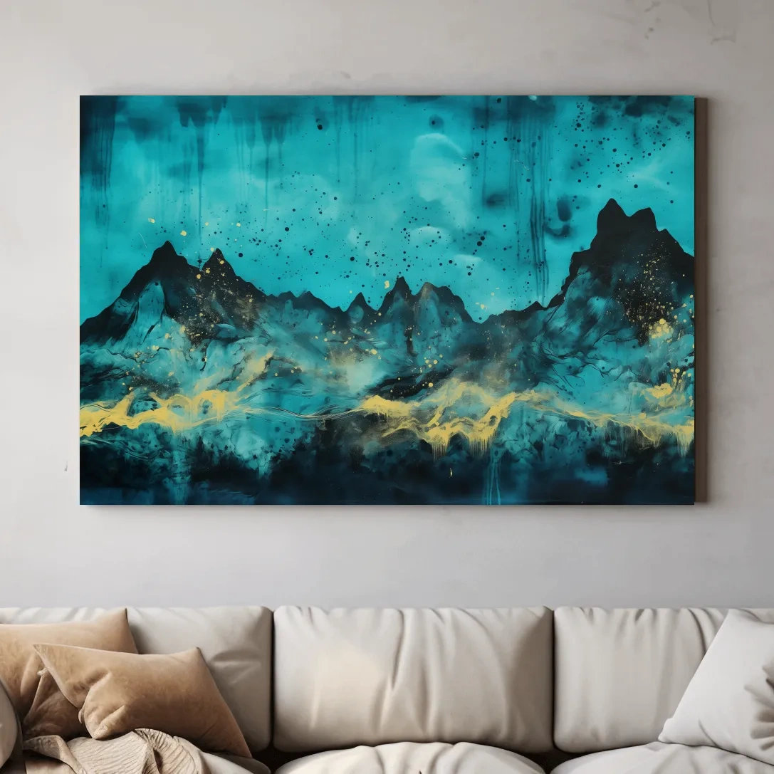 Mystical turquoise mountain wall art, abstract night sky with gold accents