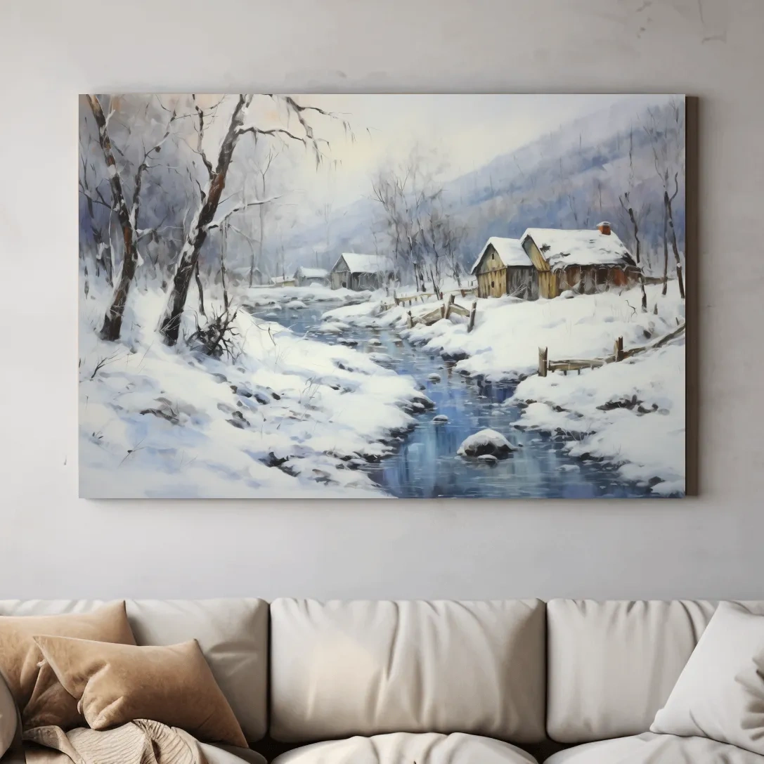Snowy landscape artwork with rustic cabins beside a frozen stream, serene winter wall art