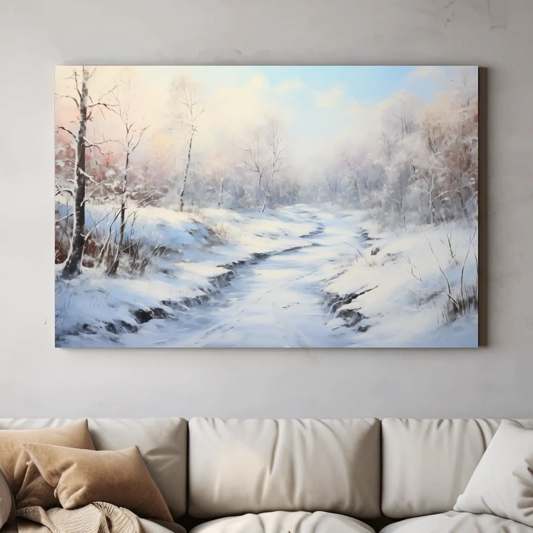 Winter landscape artwork, serene snowy forest path with soft pastel sky