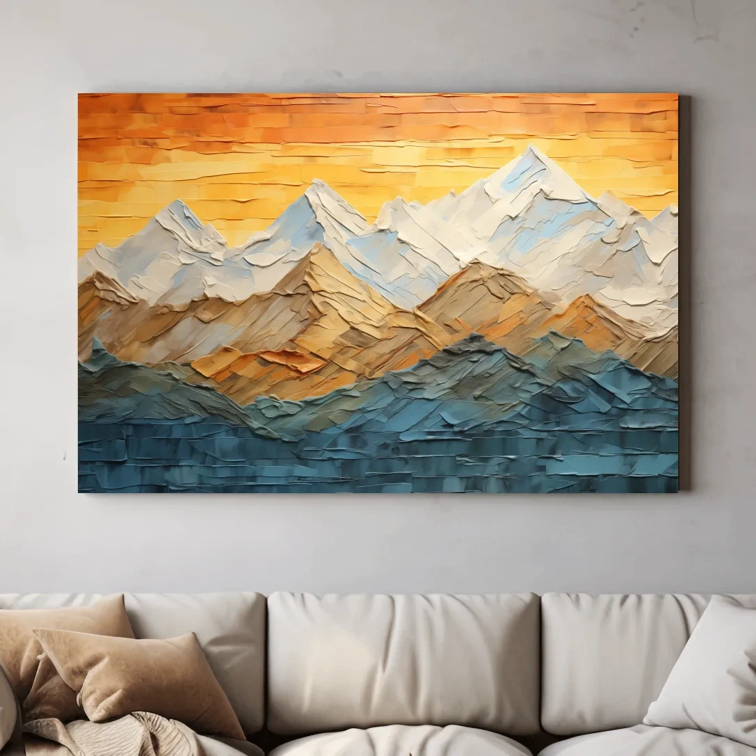 Glacier sunset mountain art, textured pallet knife painting effect