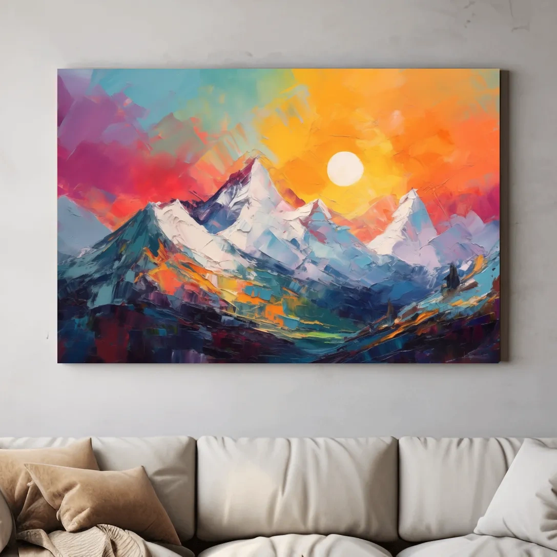 Vibrant Impasto Mountain Sunset Painting - Colorful Abstract Alpine Wall Art