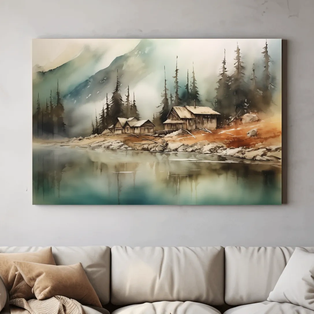 Rustic alpine mountain lake cabins, watercolor style landscape wall art