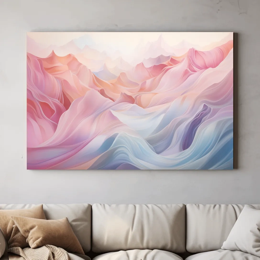 Soft pastel abstract mountain landscape artwork, flowing abstract waves in pink and blue tones